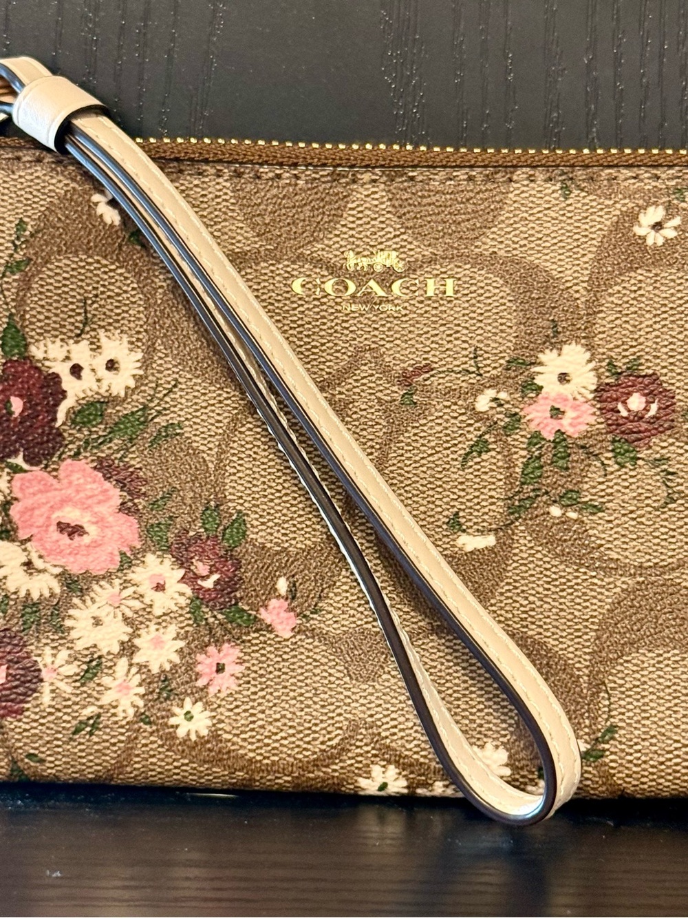 Coach Khaki Floral Signature Canvas Wristlet with Pink Blooms
